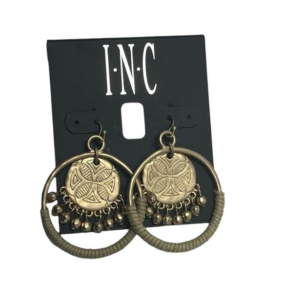 INC Gold Boho Hoop Earrings Engraved Medallion Fringe | New With Tags - Picture 2 of 3